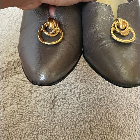 Vintage Taupe Leather Flats 80s Gold Ring Hardware Pointed Toe Retro Classic - Picture 8 of 12